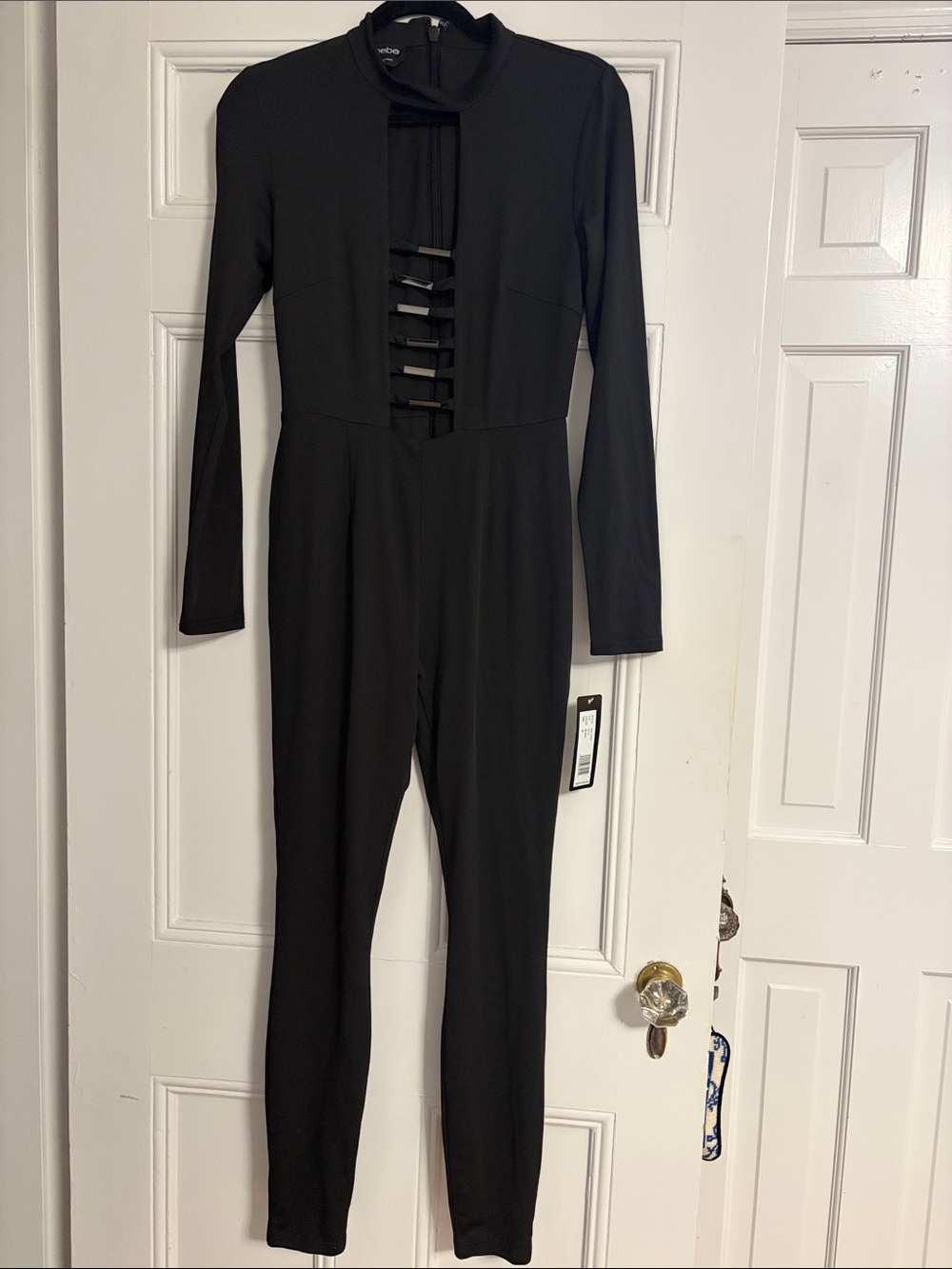 bebe Black Long-Sleeve Cutout Ladder-Front Jumpsuit